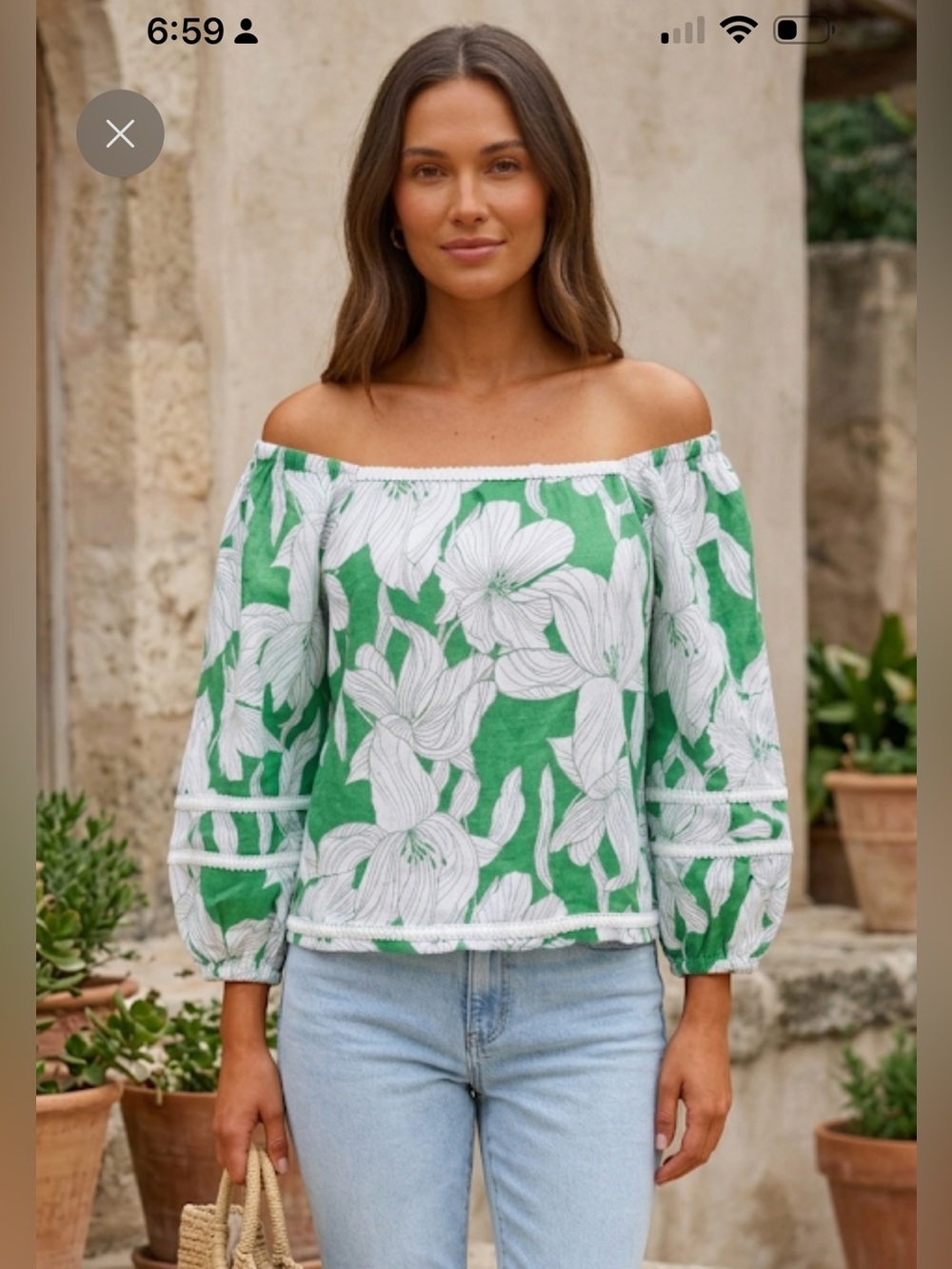 NWT Tahari 100% linen on/off the shoulder tropical print top sz L